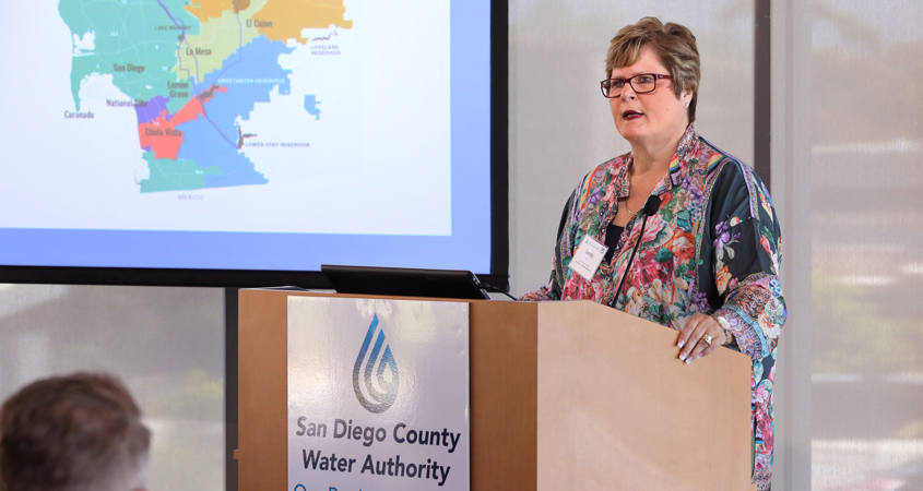 Sandra L. Kerl speaking at the Water Portfolio Tour in July 2019.